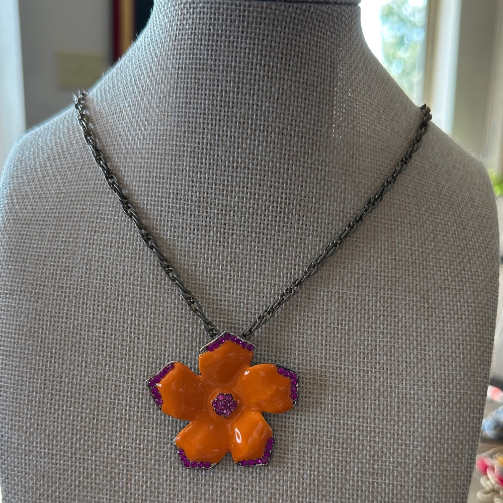 Enamel Orange and Crystal Purple Flower Pendant Necklace